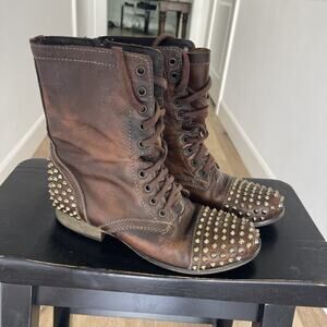 Steve Madden Tarnney Brown Leather Studded Combat Boots Women Sz 8 Spiked FLAW